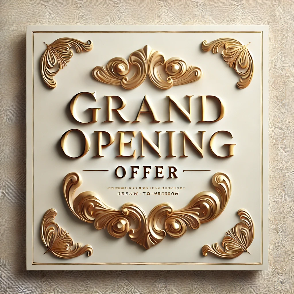 Elegant banderoll med texten "Grand Opening Offer" i gyllene bokstäver, dekorerad med ornament på en ljus bakgrund