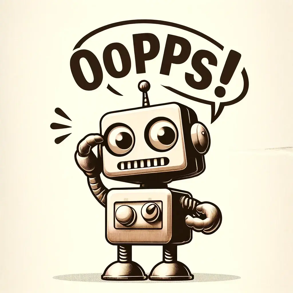 Robot, 404-sida Illustration av en förvirrad robot med texten 'Oopps!' i en pratbubbla, använd på en 404-sida för att indikera en saknad sida